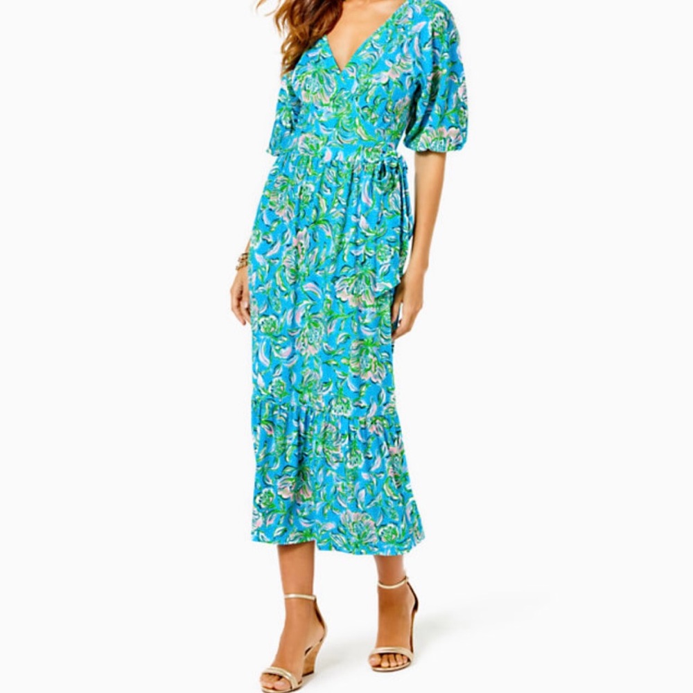 Brand New Lilly Pulitzer Brantley Midi Wrap Dress Cumulus Blue Chick Magnet, L